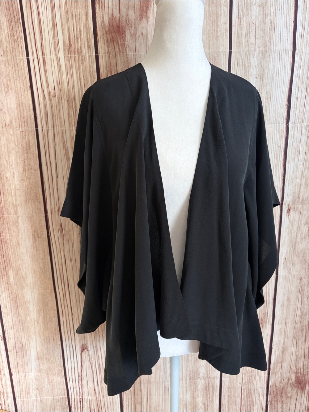 Eileen Fisher 100% Silk Flowing Soft Black Relaxed Drape Open-Front Shrug XSmall